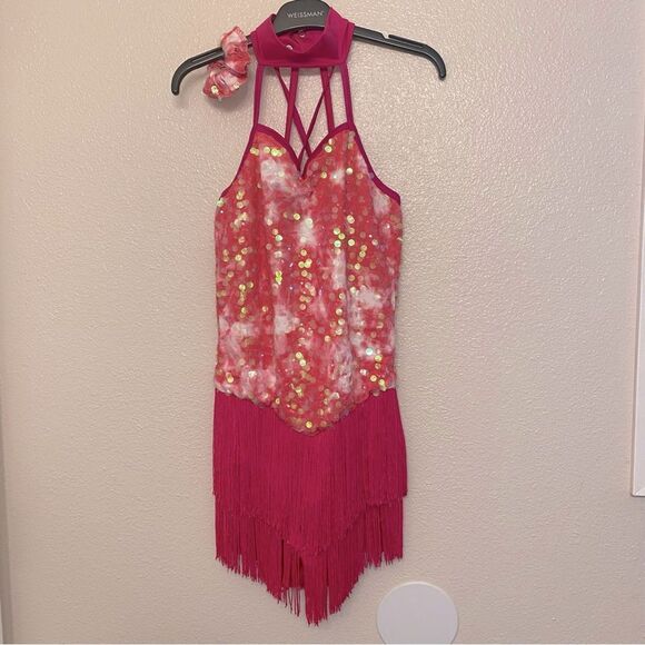 WEISSMAN Dance Costume hot pink sequin fringe Happiness 14453 MA-Medium adult - Picture 2 of 13